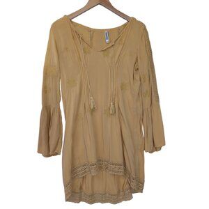 Monoreno Tunic Dress Womens S Yellow Embroidered Tassels Bell Sleeve Boho Beachy